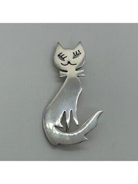 Vintage Sterling Silver Cat Brooch Pin 925 Mexico Handmade 2 Inches 1989